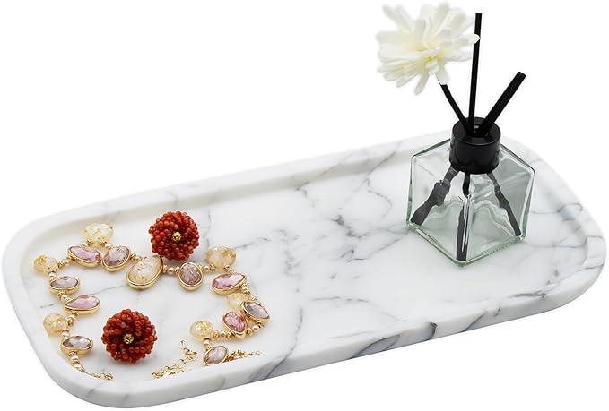 Marmor Real Natural Marble Bathroom Tray for Perfume, Candles, Jewelry Stone Vanity, Bathroom & Kitchen Counter Organizer and Home Decor Statuario White（11.41 * 5.51 * 0.7） - ModernBath