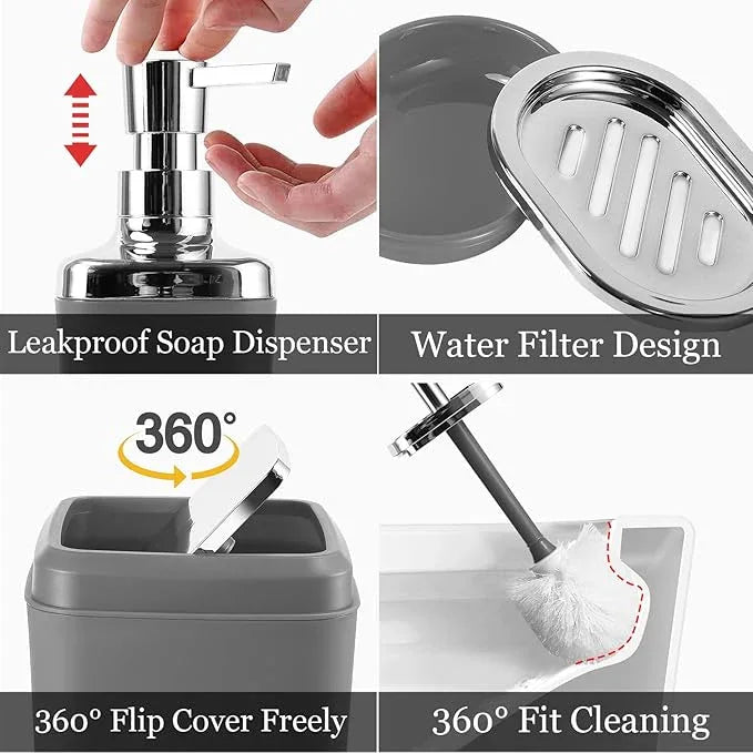 XLHOMO Grey Bathroom Accessories Sets Complete, 9-Piece Bathroom Accessories with Trash Can, Vanity Tray, Soap Dispenser, Soap Dish, Toothbrush Holder, Toothbrush Cup, Toilet Brush and Qtip Holders - ModernBath