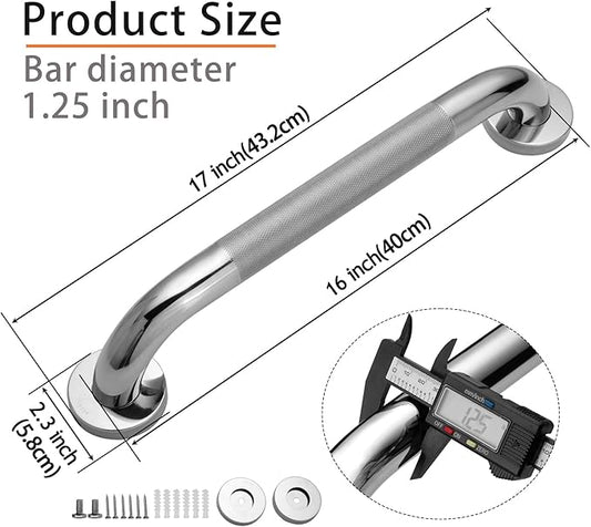 Rockgoya Shower Grab Bar, 2 Pack 16 Inch Bathroom Grab Bar, 304 Stainless Steel 1.25" Diameter Anti-Slip Handicap Grab Bar Support Shower Rail Senior Handrail Shower Safety Bar Handle