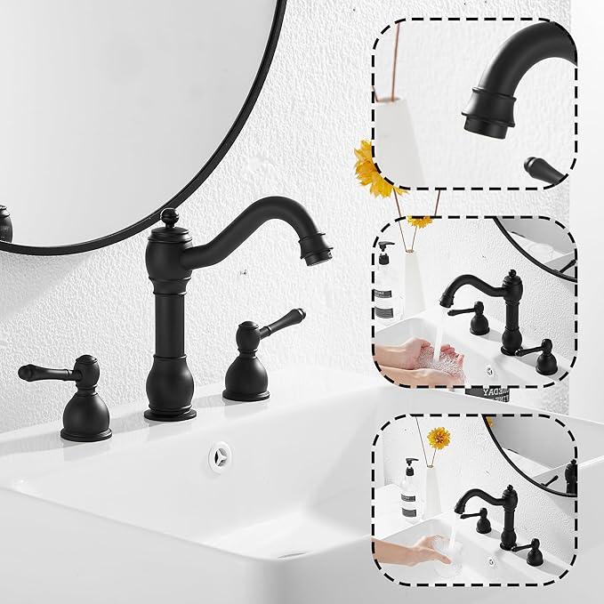 GGStudy 2 Handles 3 Holes Faucet Widespread Bathroom Sink Faucet Basin Tap Mixer Supply Hose Included Matching Pop Up Drain Matte Black - ModernBath