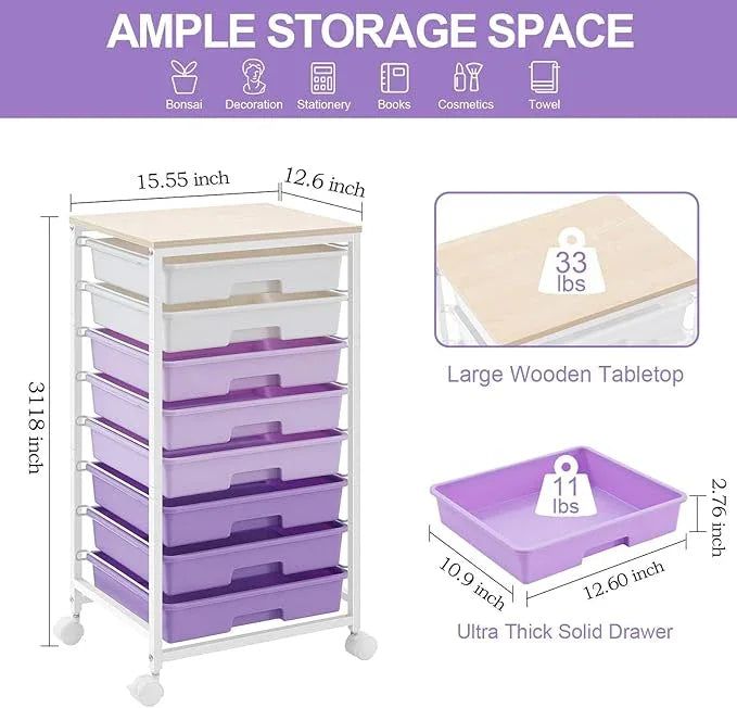 Rolling Cart with Drawers,Utility Cart With 8 Drawers and Wooden Tabletop for Living Room,Classroom,Bedroom,Bathroom,Dorm,Office,Purple - ModernBath