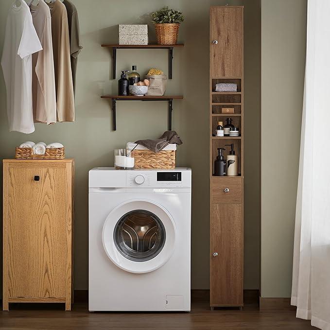 Haotian Bathroom Narrow Storage Cabinet Skinny Tall Unit with Adjustable Shelves Slender Anti-Tipping Floor Standing Cupboard, Natural BZR34-PF - ModernBath