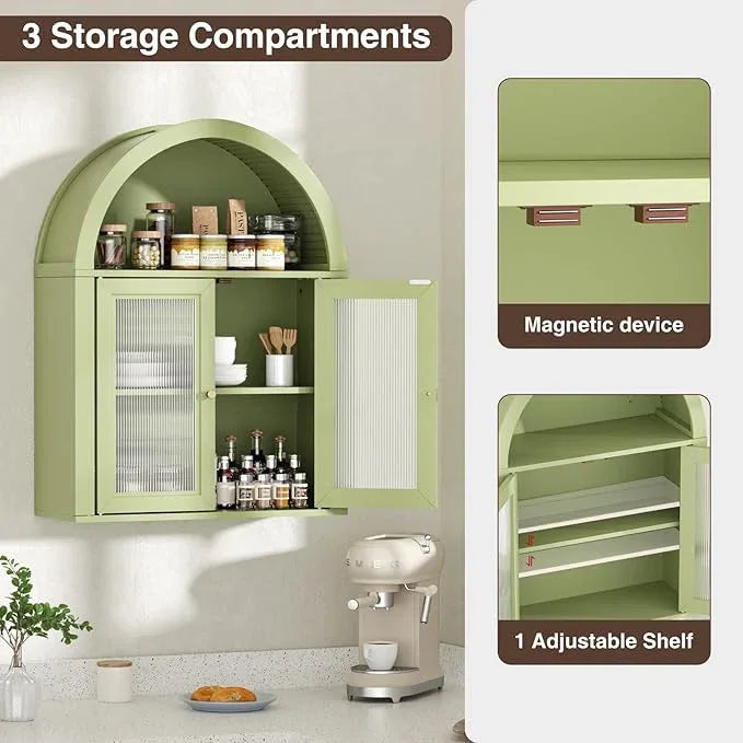Bathroom Wall Cabinet, Arched Cabinet Wall Mount, 2 Acrylic Doors, 1 Adjustable and Removable Shelf, for Laundry Room, Living Room, Restroom, Kitchen, Green - ModernBath