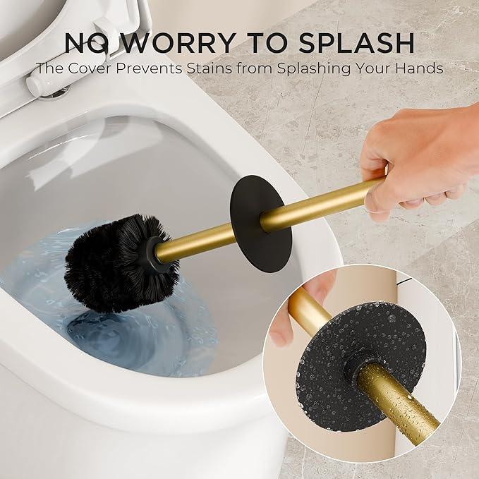 FORIOUS Toilet Brush and Holder Set, 304 Stainless Steel Long Handle and Heavy Duty Base for Bathroom Deep Cleaning, Drip-Proof, Space Saving for Storage, 2 Toilet Bowl Brush Head, Dark Gold - ModernBath