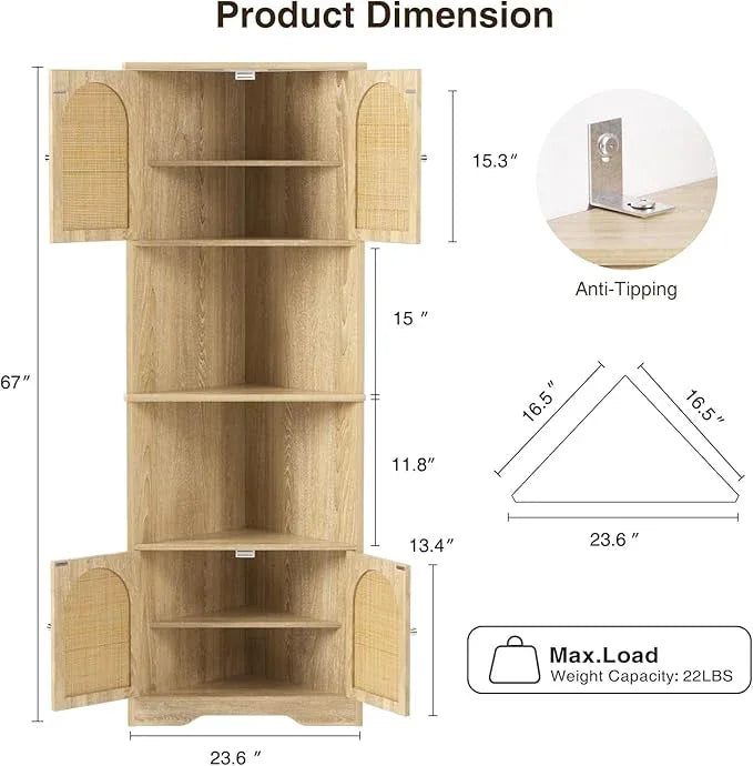 67''H Tall Corner Cabinet with Handmade Rattan Door, Rattan Storage Cabinet with Adjustable Shelves, Corner Bookshelf Space Saver for Barthroom, Kitchen, Natural | Tall, Handmade Rattan Door, Adjustable Shelves, Corner Bookshelf, Space Saver - ModernBath