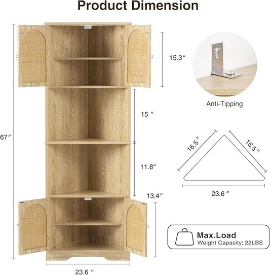 67''H Tall Corner Cabinet with Handmade Rattan Door, Rattan Storage Cabinet with Adjustable Shelves, Corner Bookshelf Space Saver for Barthroom, Kitchen, Natural | Tall, Handmade Rattan Door, Adjustable Shelves, Corner Bookshelf, Space Saver - ModernBath