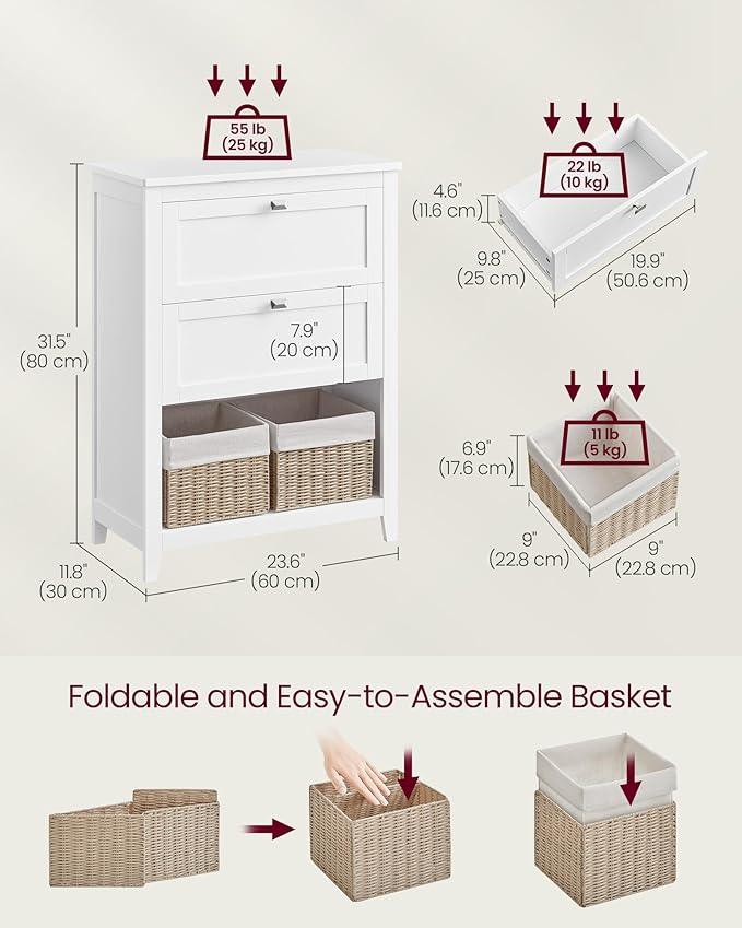VASAGLE Storage Cabinet, Freestanding Floor Cabinet, 2 Drawers with 1 Set of Adjustable Divider, 2 Baskets, Sideboard, 11.8 x 23.6 x 31.5 Inches, for Bathroom, Living Room, Cloud White UBBC545W02 - ModernBath