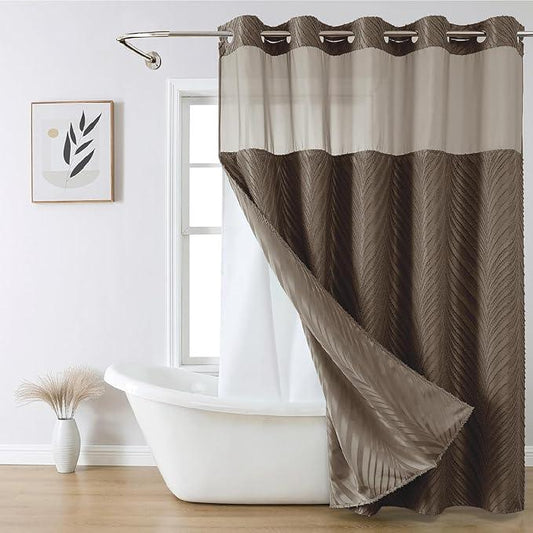 eachope no Hook Shower Curtain and Fabric Liner Set，Thanksgiving Autumn Shower Curtain, Boho Tufted Striped Style with See Through Top Window, Brown, 71Wx74H - ModernBath