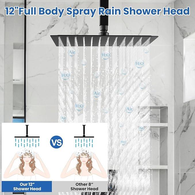 Airuida Shower Faucet Set and Handle Set Single Function Shower Trim Kit Ceiling Mount Rainfall Shower System with Male Threads and Rough-in Valve 12 Inch Square Shower Head Matte Black - ModernBath