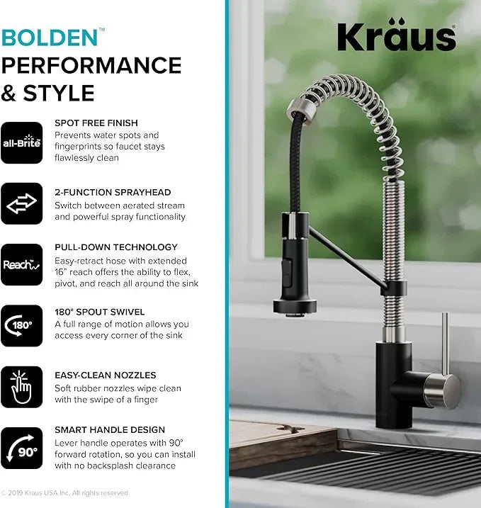 KRAUS Bolden 18-Inch Single Handle Spot Free Stainless Steel/Matte Black Commercial Style Pull-Down Kitchen Faucet with Dual Function Sprayer, KPF-1610SFSMB (Pack of 1) - ModernBath