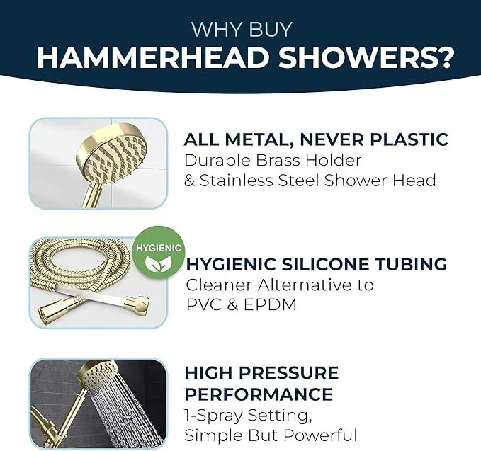 HammerHead Showers® Solid Metal Handheld Shower Head with Hose and Brass Holder - POLISHED BRASS - 2.5 GPM High Pressure Shower Heads with Adjustable Shower Wand Bracket - 6ft Flexible Extension - ModernBath