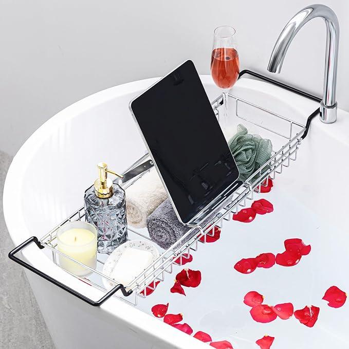 TAILI Bathtub Tray Table for Luxury Bath, Expandable Extra Wide Bthtub Caddy with Reading Holder, 304 Stainless Steel Over The Tub Bath Tray for Bathroom Accessories - ModernBath