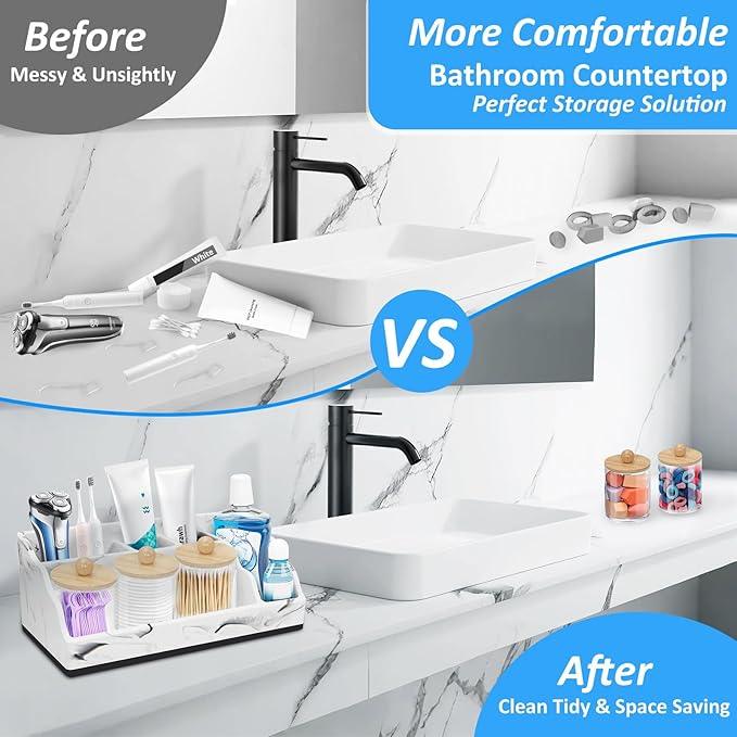 Marble Toothbrush Holder for Bathroom Organizer Countertop, Toothbrush Organizer with 3PCS Qtip Holder Dispenser, Toothbrush and Toothpaste Holder for Bathroom Counter Organization Storage Vanity - ModernBath