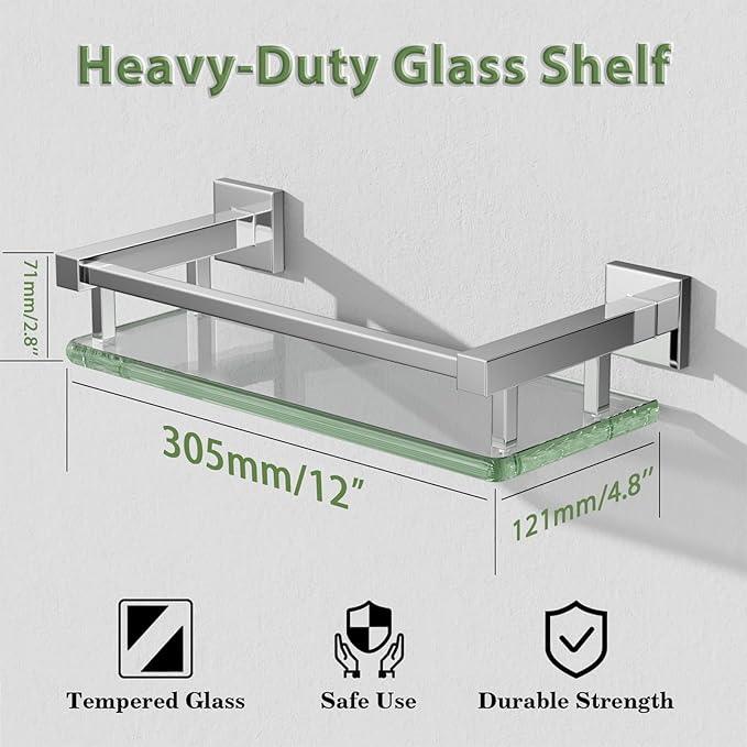 Alise Glass Shelves for Bathroom Wall, Tempered Glass Bathroom Shelf Wall Mounted, Modern Space Saving Floating Shelves 12 inch, Polished Chrome - ModernBath