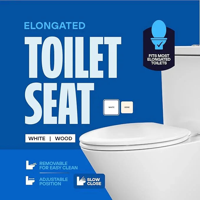 HIGHCRAFT Premium Elongated Toilet Seat with Slow-Close Design, Adjustable Hinges & Quick Removal Mechanism - Molded Wood Toilet Seat - Fits Standard Elongated Toilets - Oval Seat in White - ModernBath