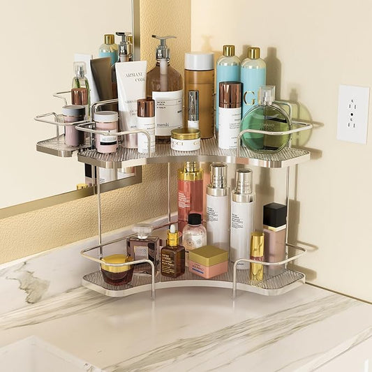 FOLLOWIN 2 Tier Bathroom Countertop Corner Organizer,Countertop Perfume Tray,Vanity Counter Shelf,Skincare Makeup Cosmetic Vanity Organizers,Silver