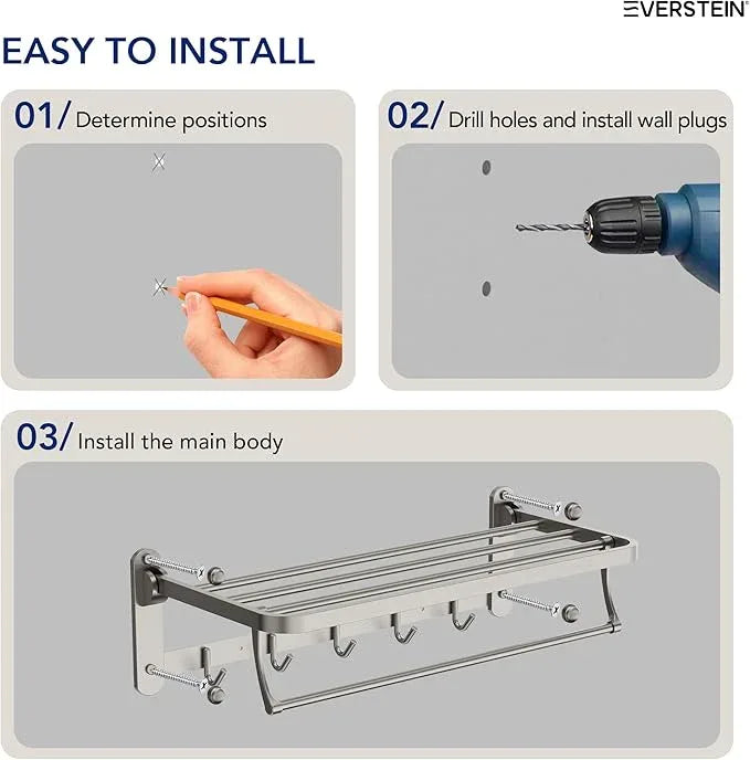 Bathroom Towel Rack with Storage Shelf and 5 Hooks, 23.6 in Foldable Towel Shelf Bar, Wall Mounted Lavatory Organizer,Brushed Nickel - ModernBath