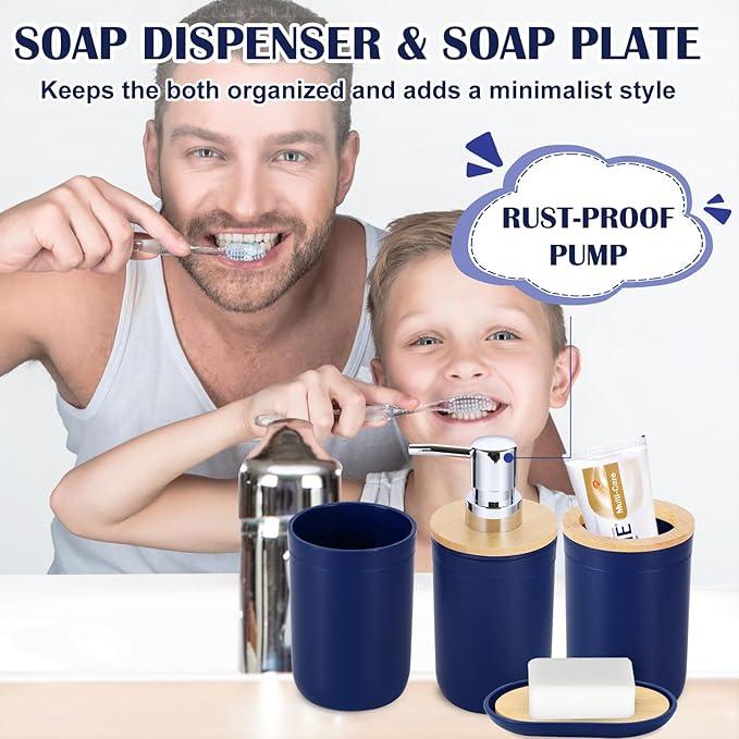 iMucci Bathroom Accessories Set Navy Blue Bathroom Decor Sets with Trash Can,Toilet Brush,Toothbrush Holder, Lotion Soap Dispenser, Soap Dish,Toothbrush Cup,Vanity Tray,Qtip Holder - ModernBath