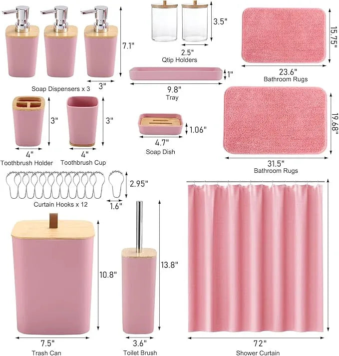 XLHOMO Bathroom Sets with Shower Curtain and Rugs, 27PCS Pink Bathroom Accessories Set with Trash Can, Pink Shower Curtain Set, No Slip Super Absorbent Bathroom Rugs - ModernBath