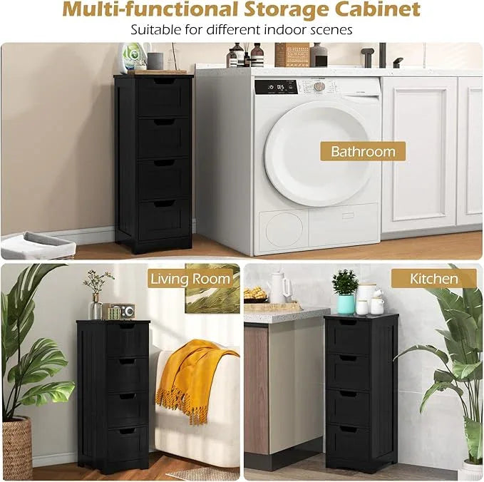 LOKO Floor Storage Cabinet with 4 Drawers, Bathroom Cabinet with Anti-toppling Device, Multifunctional Floor Cabinet for Bathroom, Living Room, Kitchen, 12 x 12 x 32 inches (Black) - ModernBath