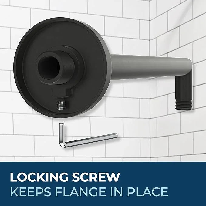HammerHead Showers® Solid Metal 16 Inch Extended Shower Arm and Flange with Set Screw, Long Shower Arm, Extends Rain Shower Overhead, Wall-Mounted Rain Shower Arm, Matte Black - ModernBath