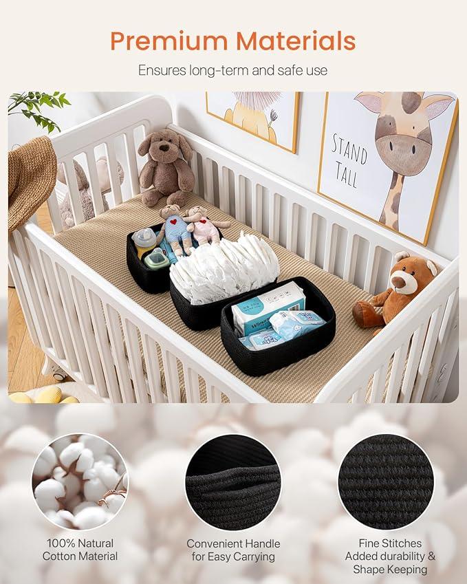 Small Woven Basket, 12 x 8 x 4.5 Inches, Storage Basket for Organizing, Cute Small Rope Shelf Closet Cube Storage Bins Baskets for Shelves, Dog Toy Gift Baskets Empty, 3 Packs, Black - ModernBath