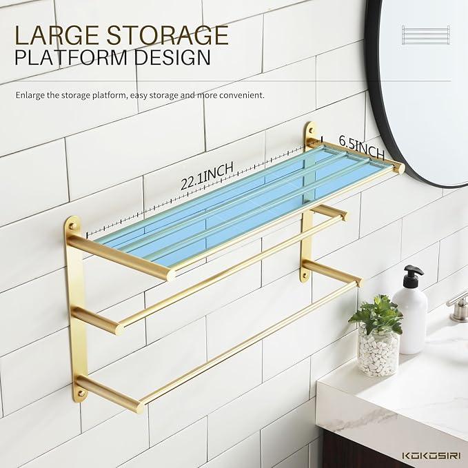 KOKOSIRI 3 Tier Bath Towel Rack 24 Inch Wall Mounted Rack with Towel Bars Towel Shelf with Single Towel Bar Bathroom Ladder Brushed Gold B5003BG - ModernBath