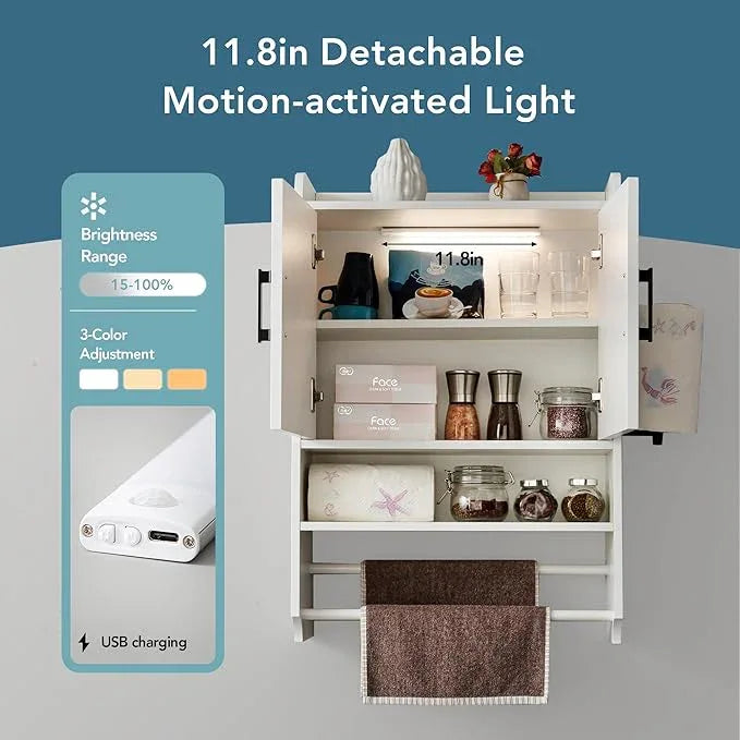 Bathroom Wall Cabinet with Door, Over The Toilet Wood Hanging Medicine Cabinets with DIY Lighting for Laundry Room Kitchen Storage - ModernBath