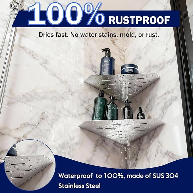 10" Corner Shower Shelf 2 Pcs Brushed 304 Stainless Steel Diamond Heavy Duty Floating Corner Shelves Slot Design Recessed Bathroom Shower Shelf for 90° Tiled Wall, No Drilling Needed - ModernBath