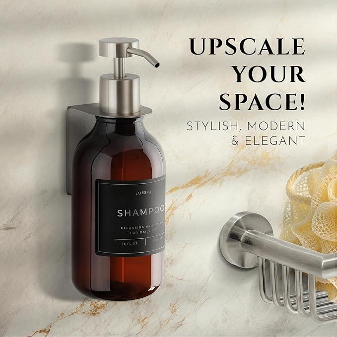 Shampoo & Conditioner Dispenser - Shower Soap Dispenser Wall Mounted - 16.9 Oz Plastic Bottle with Pump & Holder - Shampoo Dispenser - Shower Dispenser Chamber No Drill (1 X Amber/Silver) - ModernBath