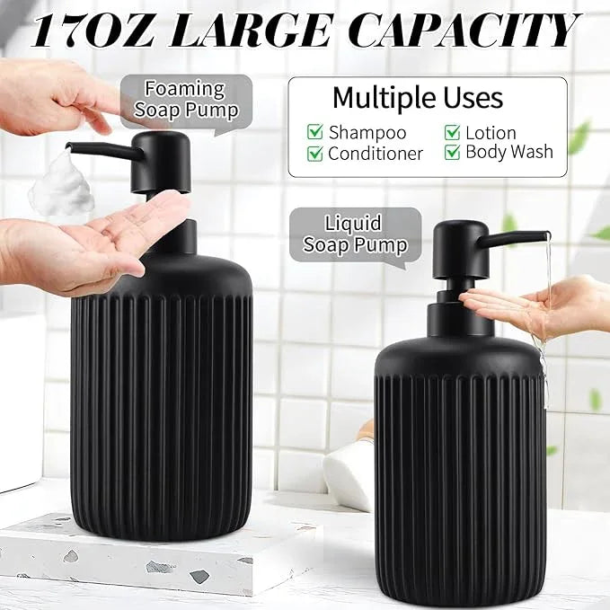 XLHOMO Black Resin Bathroom Accessories Set 5 Pcs, Bathroom Accessory Set Includes Foaming Soap Dispenser, Lotion Soap Dispenser, Toothbrush Holder, Qtip Holder, Soap Dish, for Modern Home Apartment - ModernBath