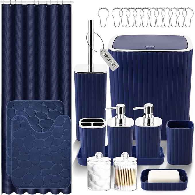 XLHOMO Bathroom Set with Shower Curtain and Rugs- 25PC Bathroom Accessory Set, Navy Blue Shower Curtain Set, Toilet Brush, Trash Can, Qtip Holder Dispenser & Soap Dispenser - ModernBath