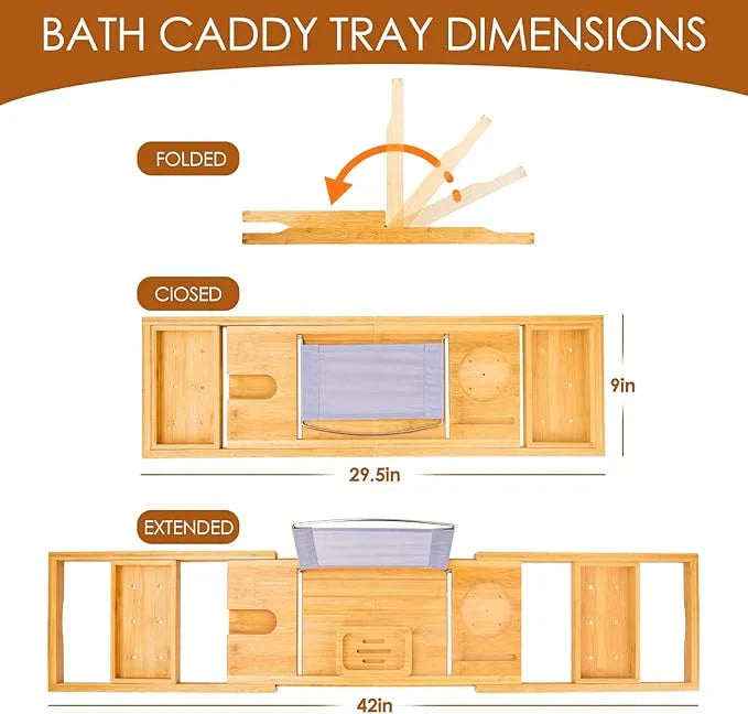 Foldable Bathtub Caddy Tray, Bamboo Bath Tub Tray Table for Tub with Wine Glass Holder Book Phone Tablet Holder with Extending Sides, Adjustable Bathroom Bathtub Free Soap Holder Gift Idea (Beige) - ModernBath