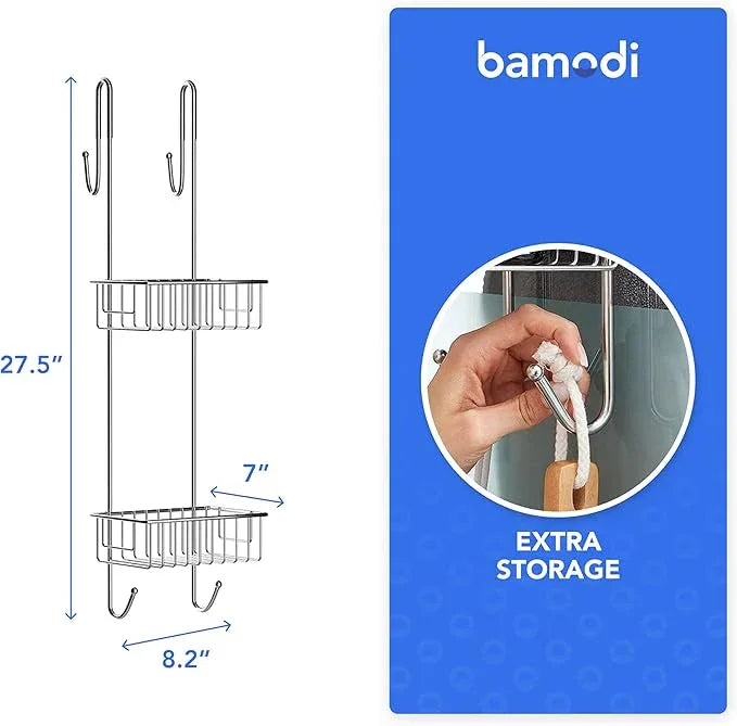Bamodi |2-Tier Stainless Steel Shower Caddy-Hanging Shower Rack-Bathroom Organizer for Accessories-Rustproof Stainless Steel-2 Towel Hooks-27.56" DX8.27 WX7.28 H(Chrome) - ModernBath