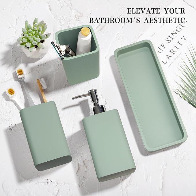 YMXYJM Bathroom Accessories Set, 4 Pcs Bathroom Accessory Set, Soap Dispenser, Toothbrush Holder, Qtip Holder Set, Bathroom Sets Complete, Bathroom Sink Set for Modern Home Decor,Green - ModernBath
