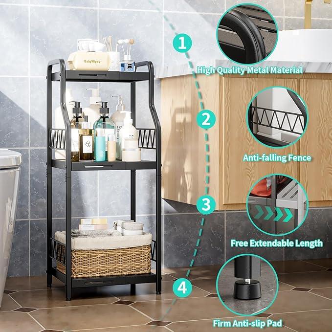 HapiRm Bathroom Shelf Unit Organizer - 3 Tier Expandable Narrow Shelf, Metal Free-Standing Shelves, Open Floor Rack Slim Storage Cabinet, Ideal for Bathroom, Laundry, Kitchen Organization (Black) - ModernBath