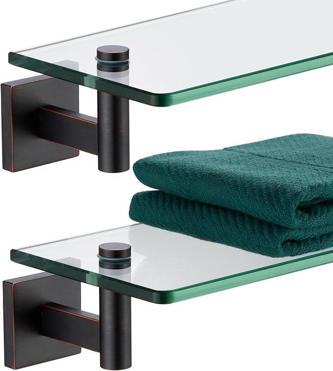 KOKOSIRI Wall Shelves Bathroom Hardware Tempered Glass Floating Shelf Hanging Rack Storage/Room Decor 20-Inch Oil Rubbed Bronze 2 Pack B1105ORB-L20-P2 - ModernBath