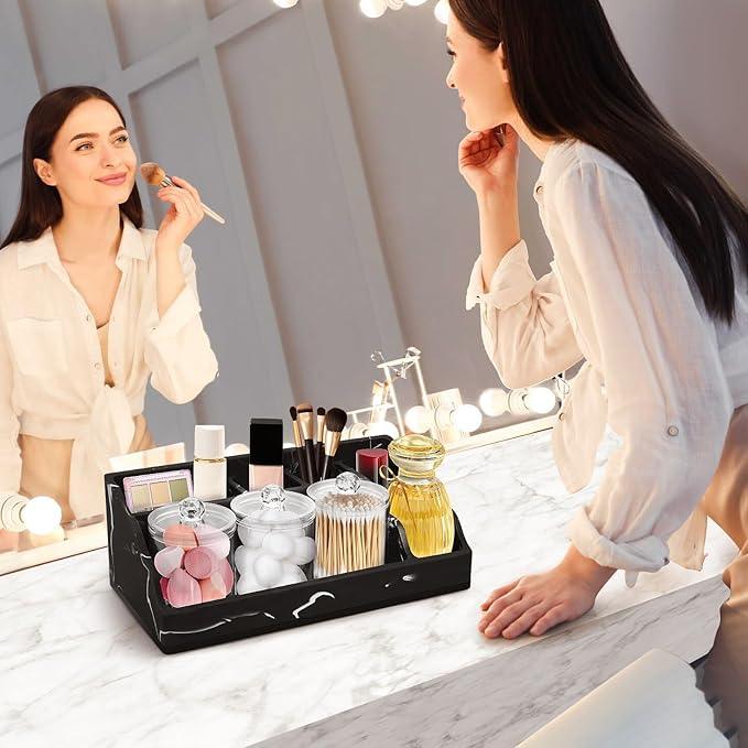 Marble Bathroom Countertop Organizer, Black Toothbrush Holders for Bathrooms Counter Organizer with 3PCS Qtip Dispenser, Toothbrush and Toothpaste Holder for Bathroom Organization Vanity Storage - ModernBath