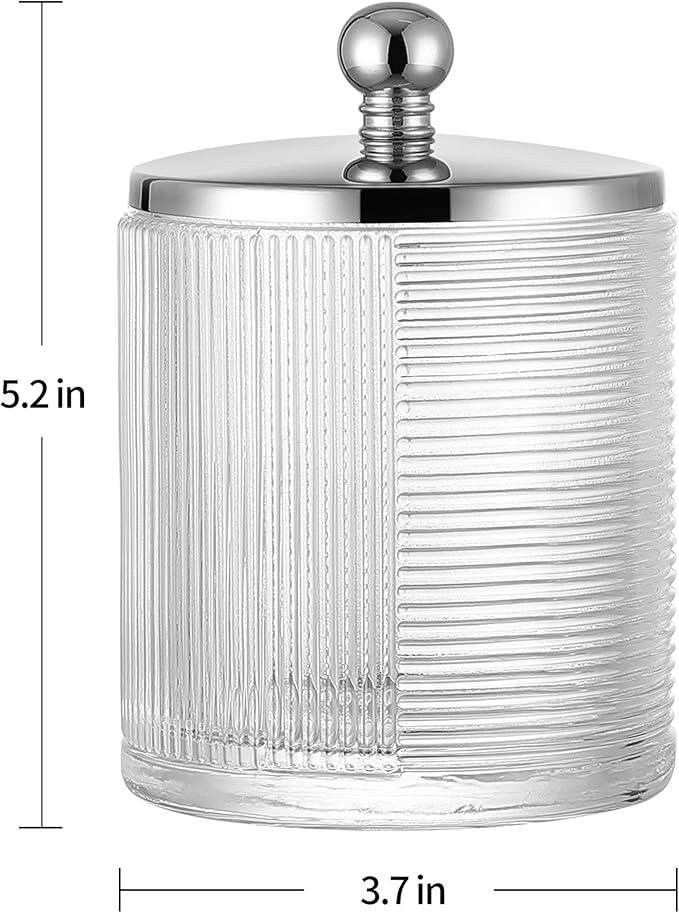 Indecor Home Clear Transparent Apothecary Ribbed Geometric Etched Glass Jar W/Silver/Chrome Metal Lid Cover for Bathroom Organization, Cotton Balls, Q Tips, and Small Accessories, Bathroom Storage - ModernBath