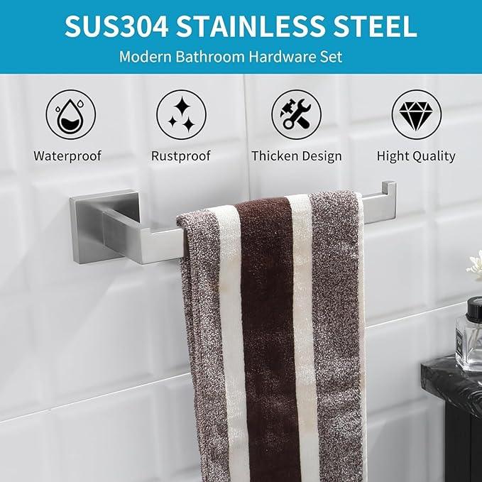 Bathroom Hardware Set Brushed Nickel,16 inch 5-Piece Towel Bar Wall Mount Modern Bathroom Accessories Include Towel Rack,Toilet Paper Holder,2*Robe Hook - ModernBath