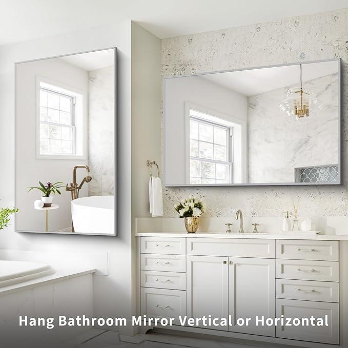 COFENY 36x55inch Bathroom Mirror, Silver Rectangle Mirror with Thin Metal Frame, Large Rectangular Wall Mirrors for Bathroom, Living Room, Hair Salon, Big Mirror Hang Horizontal/Vertical - ModernBath