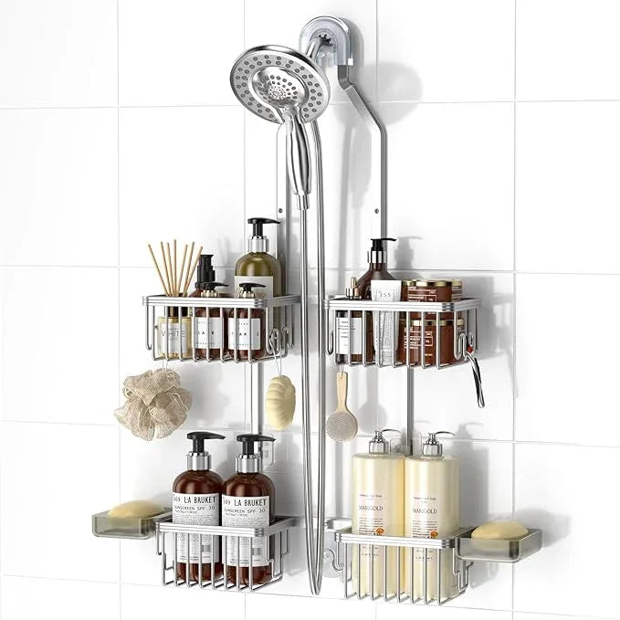 REINHARDT Aluminum Shower Caddy Hanging Adjustable Shower Caddy, Rustproof Hanging Shower Organizer with Hooks Soap Holders, Over Shower Head Caddy for Handheld Showerhead, Silver - ModernBath