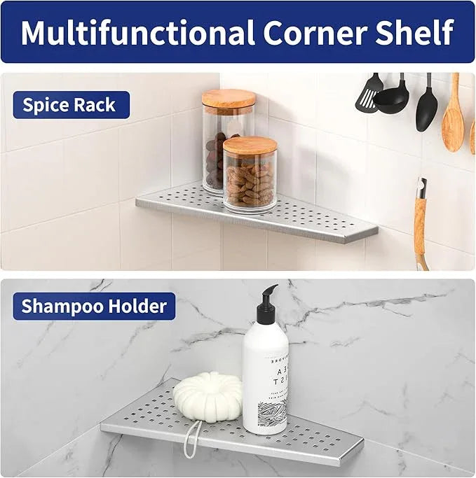 Corner Shower Shelf, 12" Trapezoid Grout in Shelf, 304 Stainless Steel Grid Design Recessed Bathroom Shelf for Tiled Wall - ModernBath