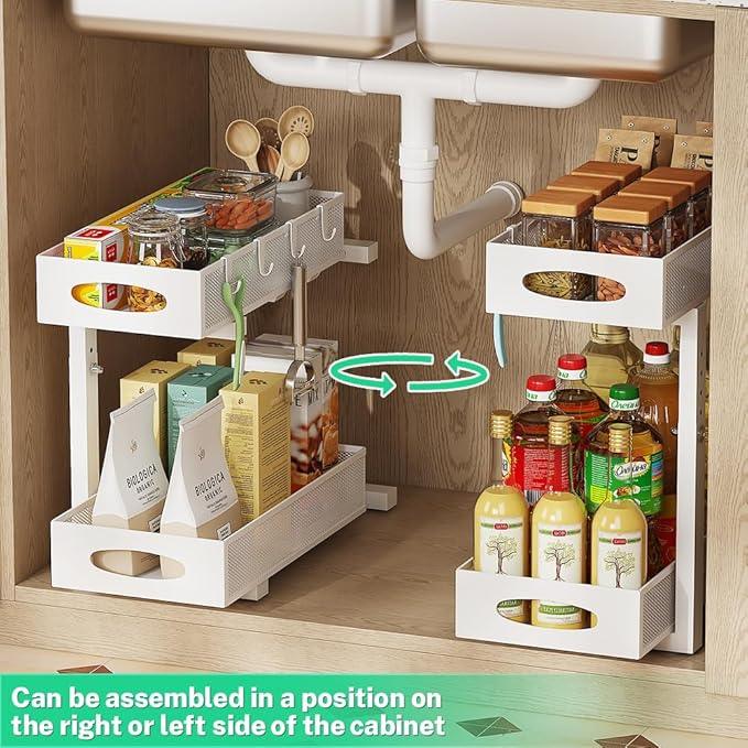 Under Sink Organizer, 2-Tier Pull Out Cabinet Organizer with Adjustable Height, Use in Kitchen Bathroom Cabinet and Countertop Storage, White - ModernBath