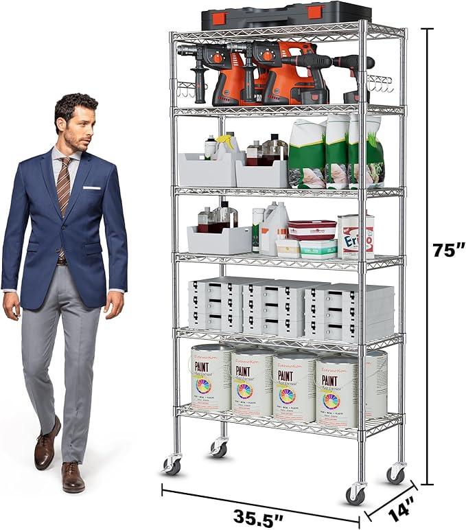 YNN Storage Shelves,6000Lbs 6 Tier Heavy Duty Metal Rolling Shelving Unit with Wheels & 8 Hooks, Adjustable Garage Wire Rack for Kitchen, Bathroom,Industrial,Pantry(36" W x 14" D x 72" H, Chrome) - ModernBath