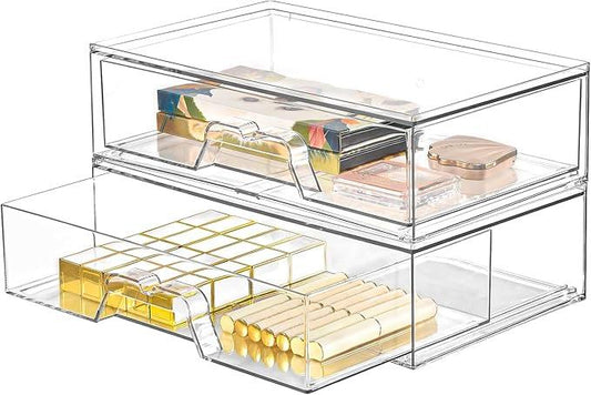 2 Pack Stackable Makeup Organizer, 12.1''L Acrylic Bathroom Organizer and Storage Undersink Drawer, Cosmetics and Beauty Supplies,Clear Plastic Storage Bins for Desk,Cabinet,Kitchen,Vanity,Pantry - ModernBath