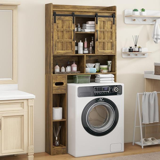 Over The Toilet Storage Cabinet, Farmhouse Storage Cabinet Over Toilet with Sliding Doors，Home Space-Saving Toilet Rack, for Bathroom, Restroom, Laundry(Brown - ModernBath