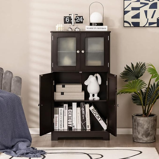 Tangkula Bathroom Floor Cabinet, Freestanding Storage Cabinet w/Glass Doors, Wood Kitchen Cupboard w/Adjustable Shelf, Bathroom Storage Cabinet for Hallway Living Room Office (Cabinets, Brown)