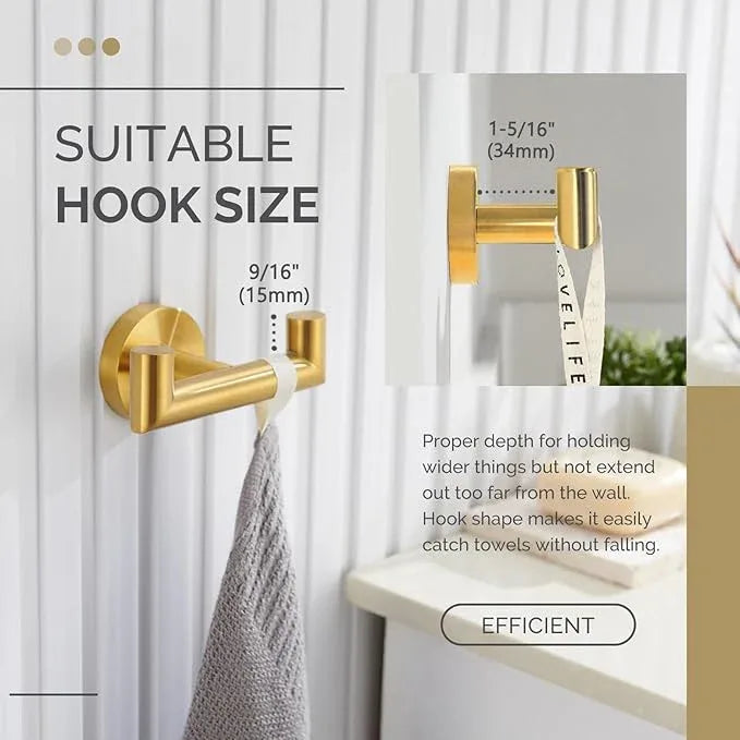 Angle Simple Bathroom Double Hook Brassy Gold, SUS304 Stainless Steel Bath Towel Holder, Double Robe Hanger Wall Mount - ModernBath