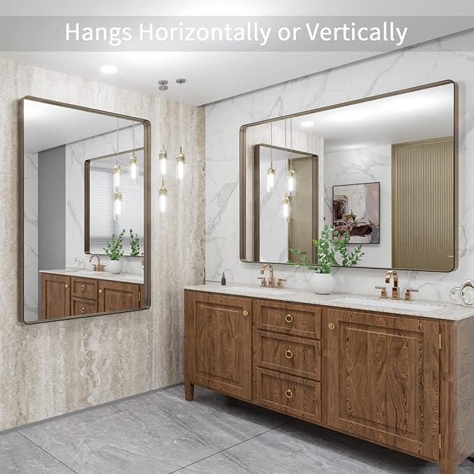 LOAAO 48”X36” Bronze Bathroom Mirrors for Vanity, Rounded Rectangle Brushed Bronze Metal Frame Mirror, Anti-Rust, Tempered Glass, Hangs Horizontally or Vertically - ModernBath